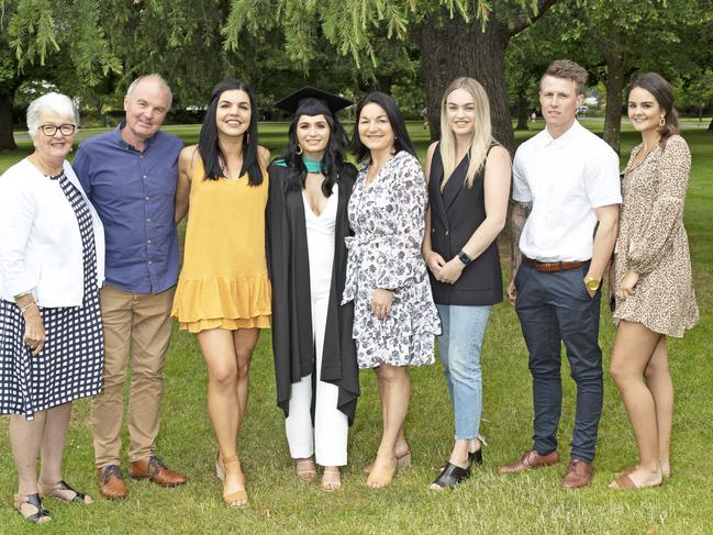Patricia Wells, Michael Wells, Emma Dobson, Lisa Wells, Michelle Wells, Sarah Wells, Mitch Vimpany, Bella McCafferty at the UTAS Graduation at Launceston. PICTURE CHRIS KIDD
