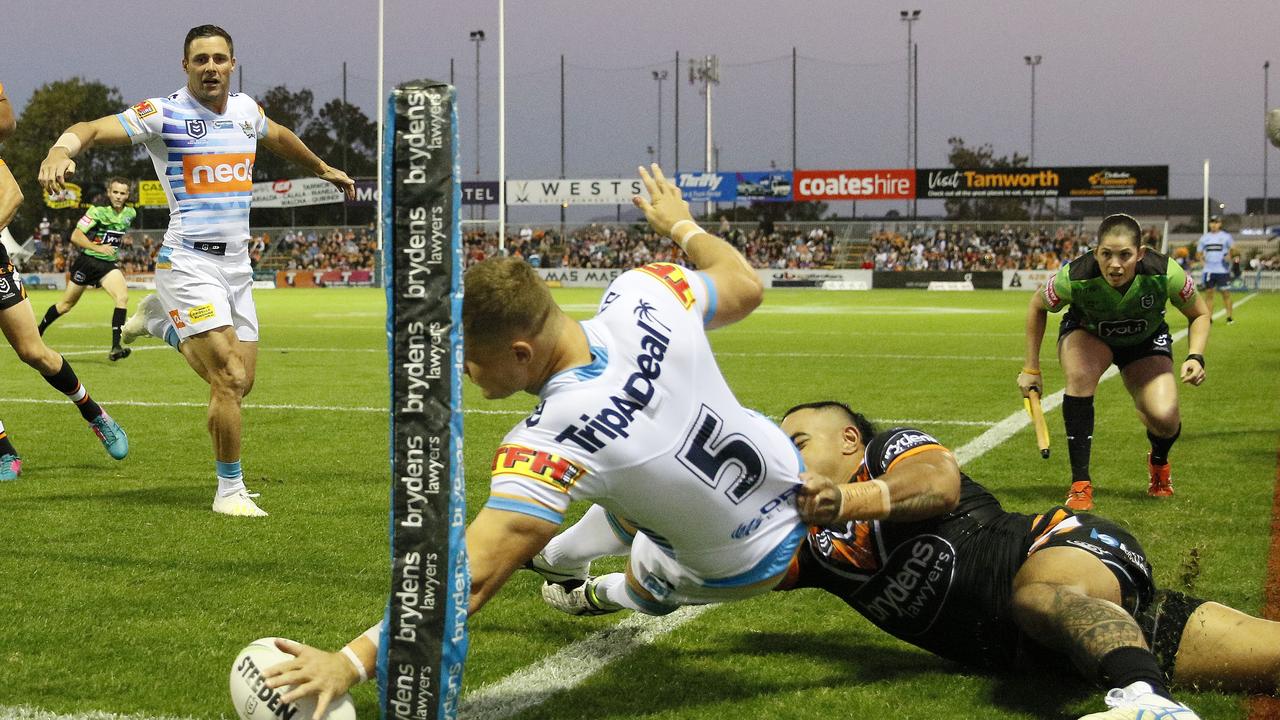 Dale Copley (pictured being tackled into touch by Mahe Fonua) will miss 1-2 weeks for Gold Coast. Picture: Picture: Darren Pateman