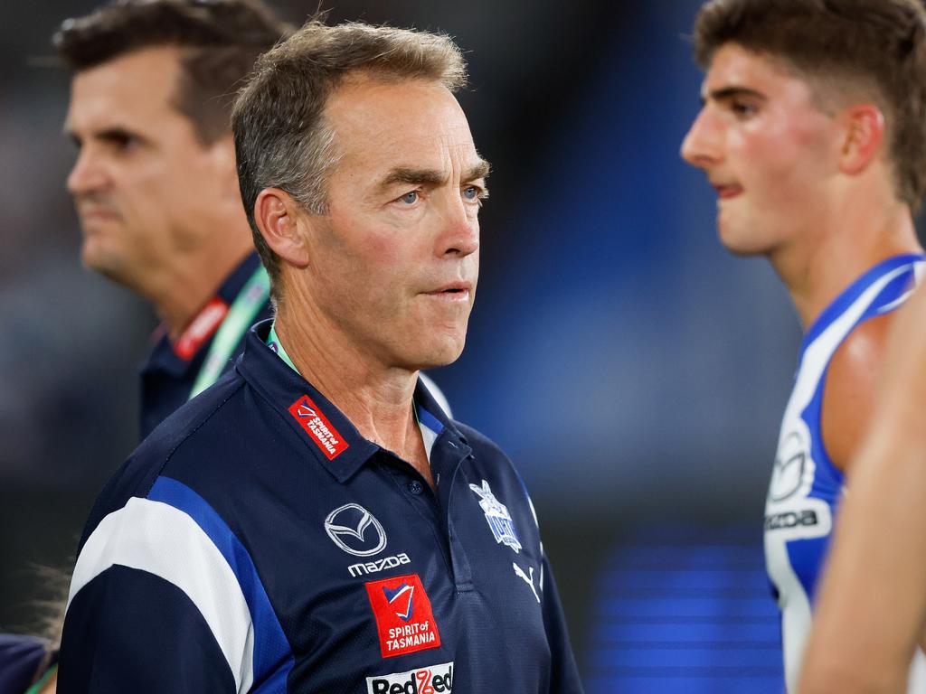 MELBOURNE, AUSTRALIA - MARCH 23: Alastair Clarkson, Senior Coach of the Kangaroos is seen at three quarter time during the 2024 AFL Round 2 match between the North Melbourne Kangaroos and the Fremantle Dockers on March 23, 2024 in Melbourne, Australia. (Photo by Dylan Burns/AFL Photos)
