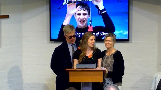 Angus Craig’s sister Georgia, surrounded by her parents, shared beloved memories of her brother during his funeral.