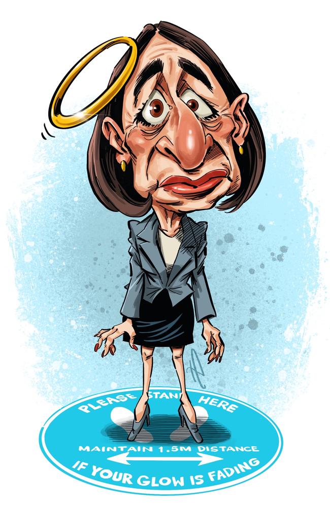 NSW Premier Gladys Berejiklian's Covid halo is slipping after several missteps including the delayed call to put the state in lockdown. Artwork: Terry Pontikos