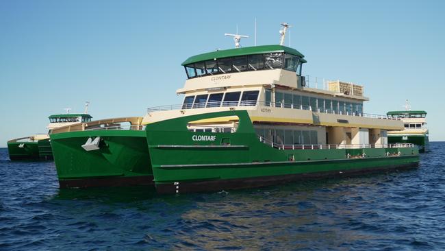 Shafted: The new generation 2 Emerald-class ferry, Clontarf, seen here with the Fairlight and the Balmoral, is set to have its propeller shafts removed because they are too noisy. Picture: NSW Government