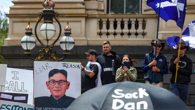 The large group gathered outside state parliament in Melbourne CBD demanding the sacking of Premier Daniel Andrews. Picture: Ian Currie