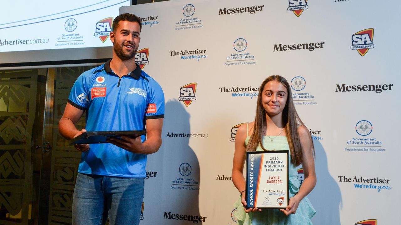 Cricketer Wes Agar with finalist Layla Barbaro from Woodville Gardens School at The School Sports Awards at the SA Museum. Picture: Brenton Edwards