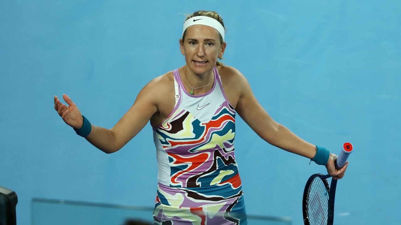 MELBOURNE, AUSTRALIA - JANUARY 26: Victoria Azarenka reacts in the Semifinal singles match against Elena Rybakina of Kazakhstan during day 11 of the 2023 Australian Open at Melbourne Park on January 26, 2023 in Melbourne, Australia. (Photo by Cameron Spencer/Getty Images)