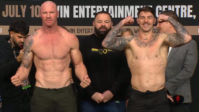 Barry Hall and Curtis Scott face off at the weigh-ins. Picture: Supplied