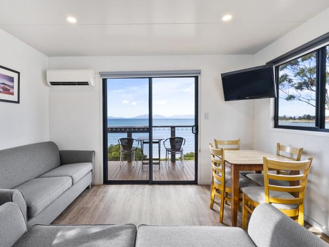 A living area with a view at Swansea Beach Chalets. Picture: Supplied