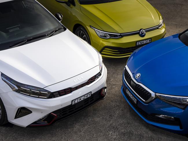 Photo of the comparison test between the 2021 VW Golf, Skoda Scala and Kia Cerato. Pic by Mark Bean