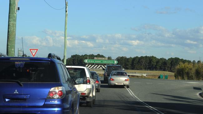 School traffic from St Michael's trying to get onto Bribie Island Rd from Old Toorbul Pt Road.