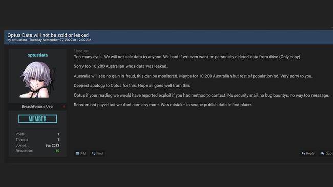 The alleged hacker Optusdata has seemingly deleted the customer data. Source: The Australian.