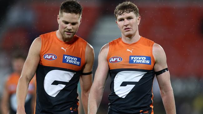 Harry Himmelberg and Tom Green react after their loss to the Bulldogs this year. Picture: Matt King/AFL Photos/via Getty Images