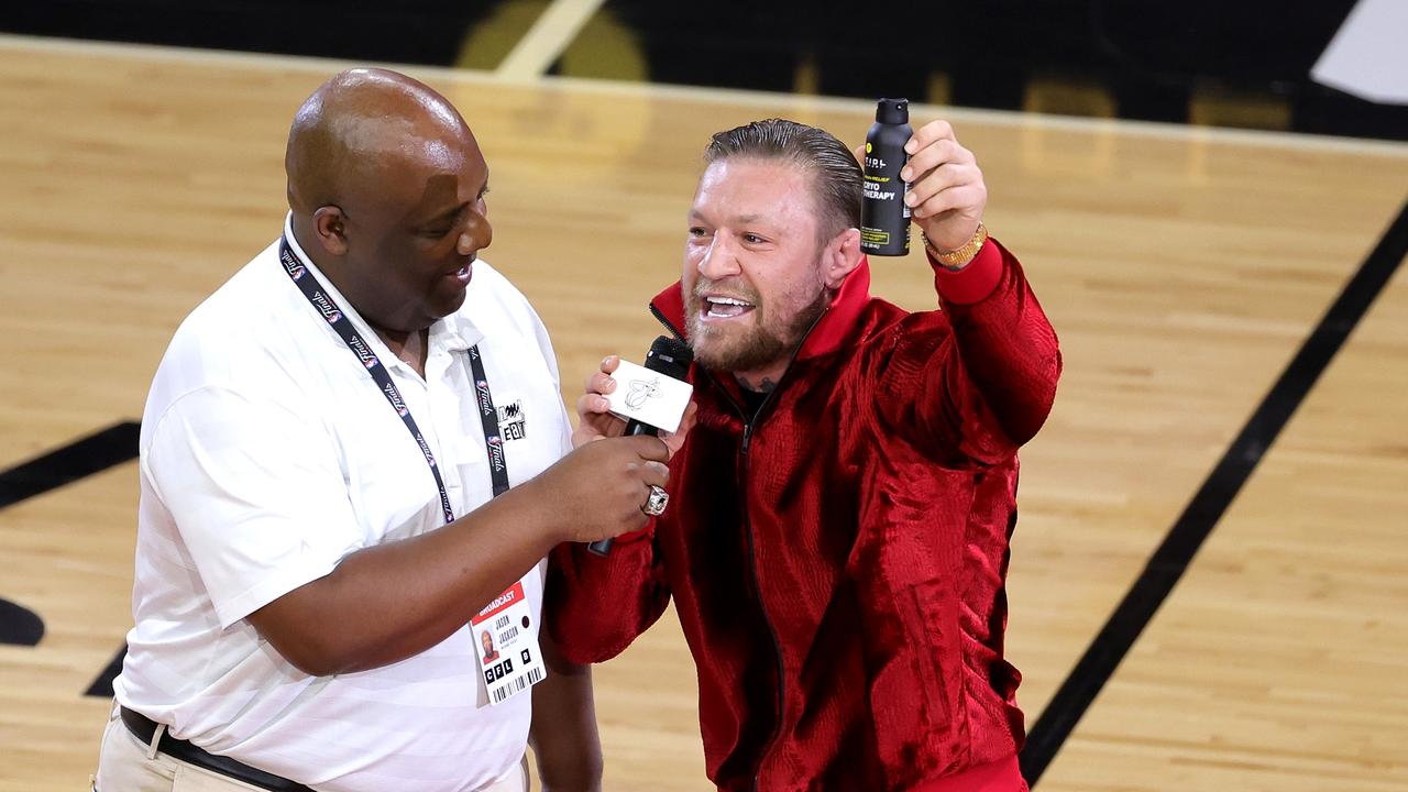 McGregor promoted his pain relief spray afterwards. (Photo by Megan Briggs/Getty Images)