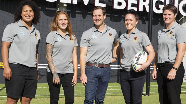 Coach Paul Dyer with Broncos signings Teuila Fotu-Moala, Caitlin Moran, Brittany Breayley and Heather Ballinger. Photo: Lachie Millard