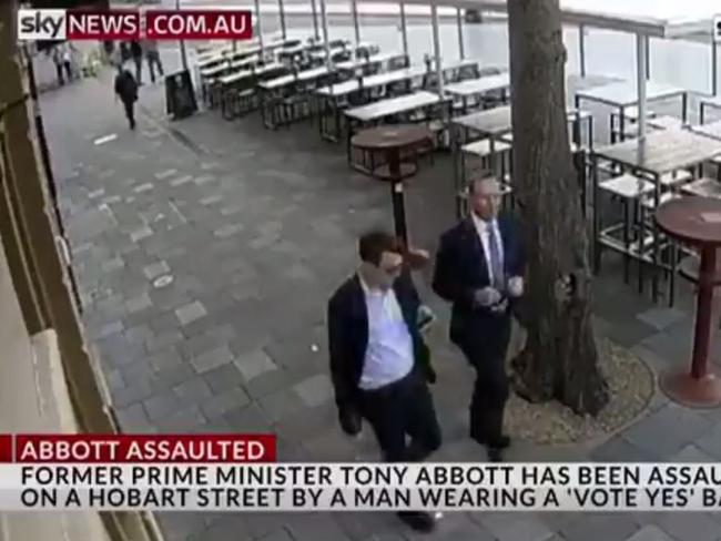 Tony Abbott walks a Hobart street before the attack. Picture: Sky News