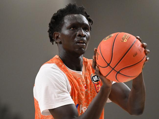 GOLD COAST, AUSTRALIA - SEPTEMBER 12: Jackson Makoi of Taipans shoots from the free throw line during the 2024 NBL Blitz match between Cairns Taipans and Perth Wildcats at Gold Coast Sports and Leisure Centre on September 12, 2024 in Gold Coast, Australia. (Photo by Matt Roberts/Getty Images)