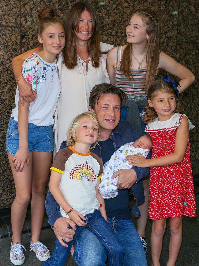 Jamie and Jools Oliver with their family. Picture: Getty