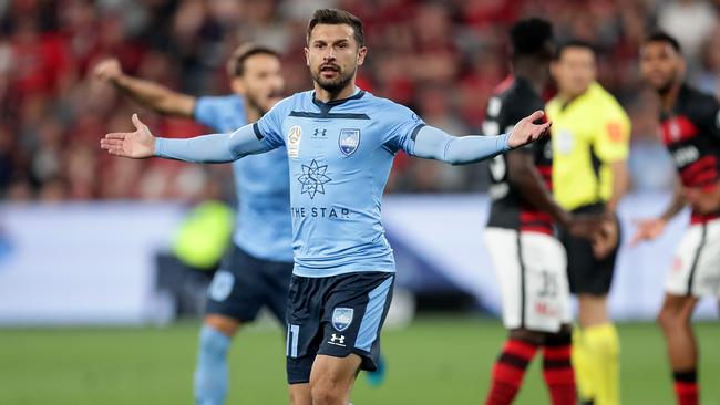 Kosta Barbarouses appeals after the ball appeared to cross the line.