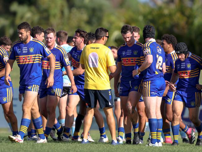 Marist Brothers gather after scoring a try against Ballina. Picture: DC Sports Photography. NRRRL Round 2, 1st Grade. Ballina Seagulls vs Marist Brothers at Kingsford Smith Park, Sunday 13th April 2025.
