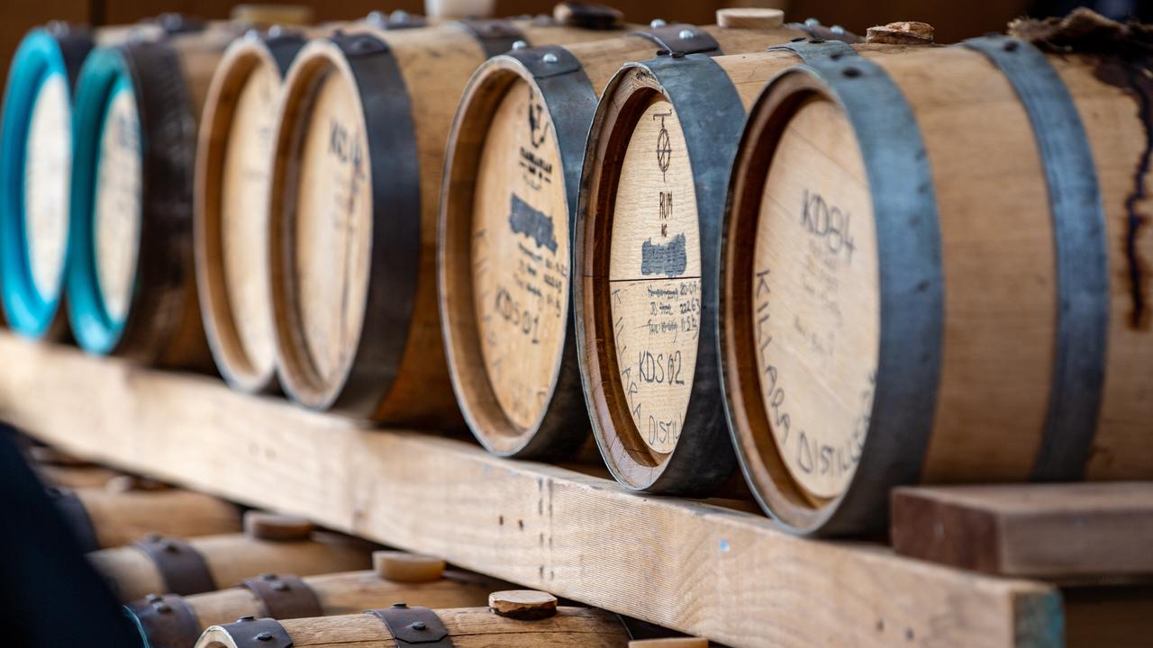 Barrels of Tasmanian whisky at Killara distillery in Richmond. Picture: Linda Higginson.