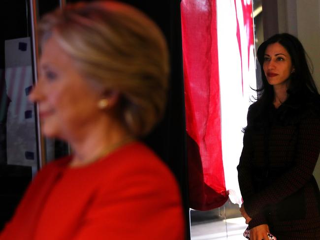 Huma Abedin pictured with Hillary Clinton again after her emails were seized on her husband’s laptop. Picture: Justin Sullivan/Getty Images/AFP.