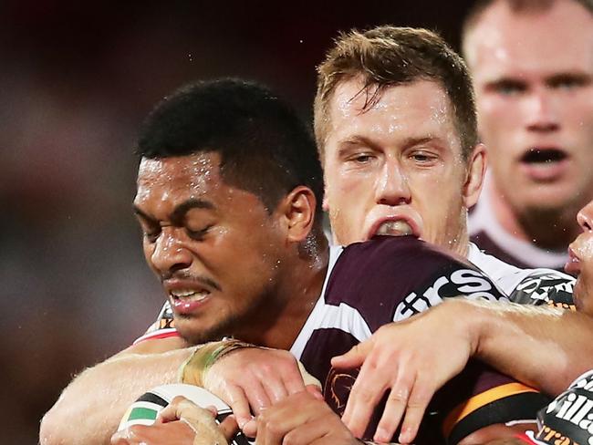 SYDNEY, AUSTRALIA - MARCH 08:  Anthony Milford of the Broncos is tackled during the round one NRL match between the St George Illawarra Dragons and the Brisbane Broncos at UOW Jubilee Oval on March 8, 2018 in Sydney, Australia.  (Photo by Matt King/Getty Images)