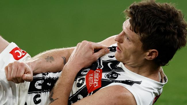 Collingwood spearhead Brody Mihocek suffered a suspected torn right pectoral muscle in Friday’s 12-point loss to Essendon. Picture: Michael Willson / Getty Images