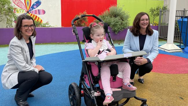 Social Services Minister Anne Ruston with Allowah resident Arabella Turner and Parramatta Liberal candidate Maria Kovacic.