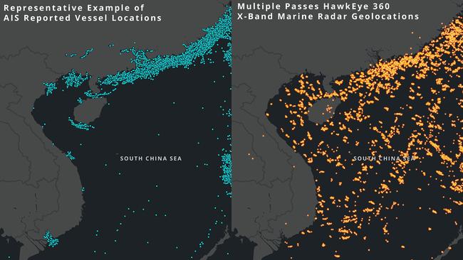 South China Sea featuring automatic indentification system (AIS) reported locations. Source: Hawkeye 360 Inc