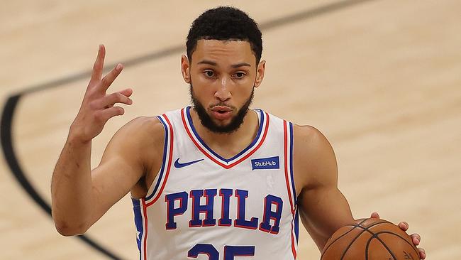 ATLANTA, GEORGIA - JUNE 18: Ben Simmons #25 of the Philadelphia 76ers calls out a play against the Atlanta Hawks during the first half of game 6 of the Eastern Conference Semifinals at State Farm Arena on June 18, 2021 in Atlanta, Georgia. NOTE TO USER: User expressly acknowledges and agrees that, by downloading and or using this photograph, User is consenting to the terms and conditions of the Getty Images License Agreement. (Photo by Kevin C. Cox/Getty Images)