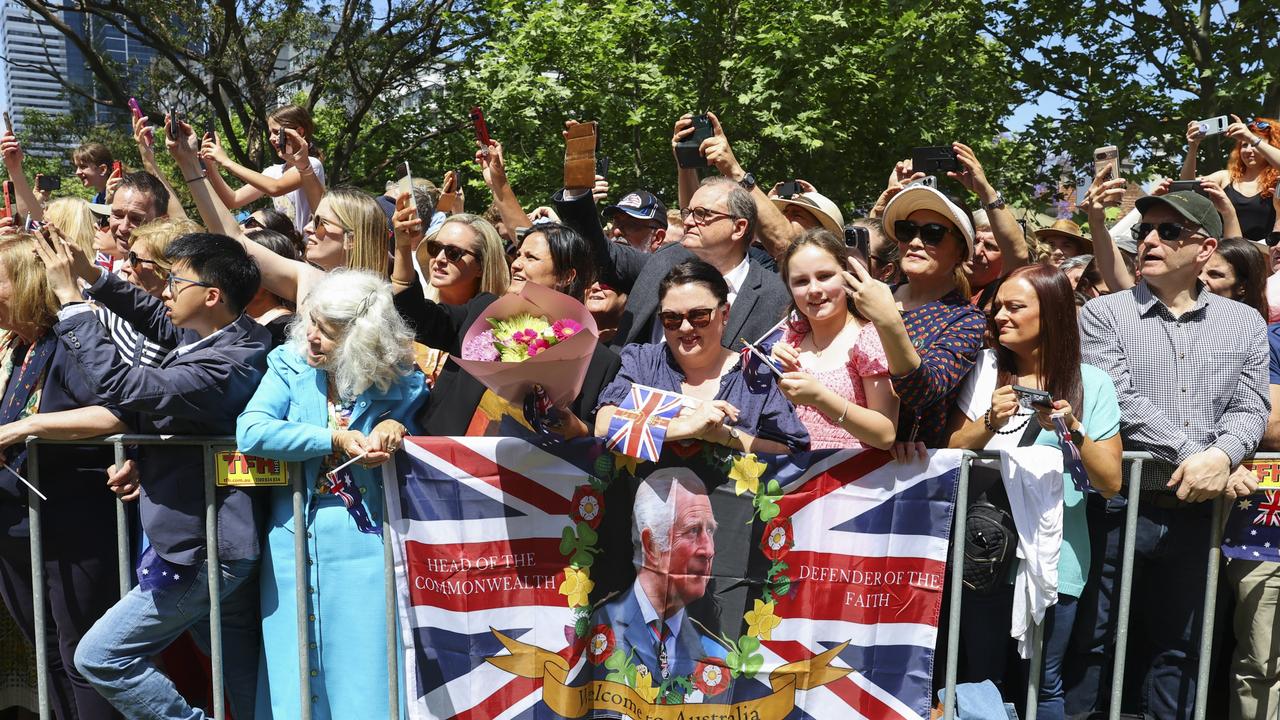 Royalists welcomed the King and Queen to the church with Union Jacks. Picture: NewsWire / Toby Melville