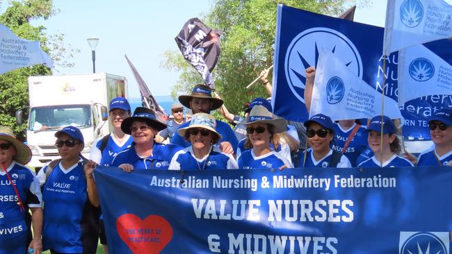 Australian Nursing and Midwifery Federation NT branch ANMFNT at the Unions NT May Day March in Darwin on May 1, 2023. Picture: Annabel Bowles