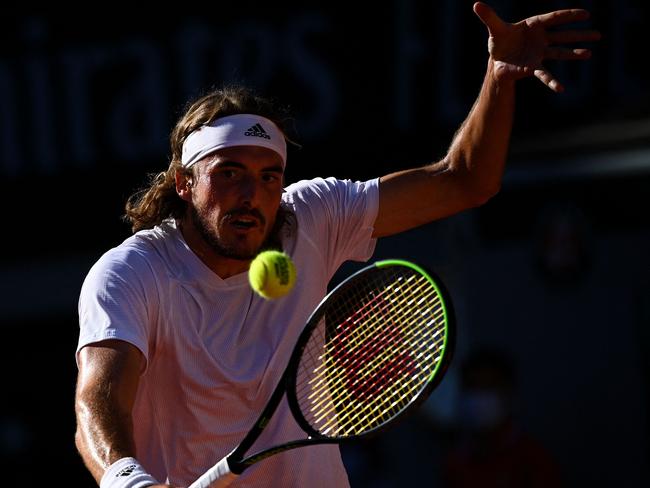 Greece’s Stefanos Tsitsipas returns during the French Open final. Picture: AFP