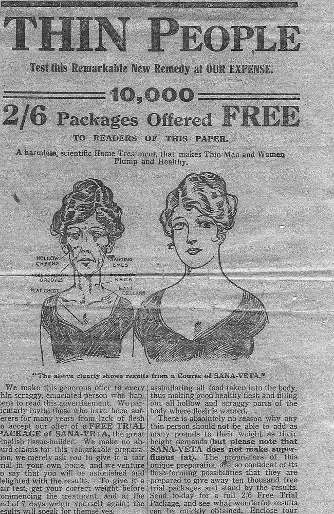 A 1916 advertisement for home treatment to make skinny people plump.