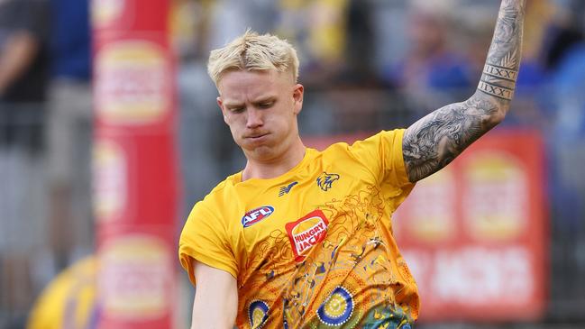 PERTH, AUSTRALIA - APRIL 18: Ryan Maric of the Eagles warms up before the round six AFL match between West Coast Eagles and Essendon Bombers at Optus Stadium, on April 18, 2025, in Perth, Australia. (Photo by Paul Kane/Getty Images)