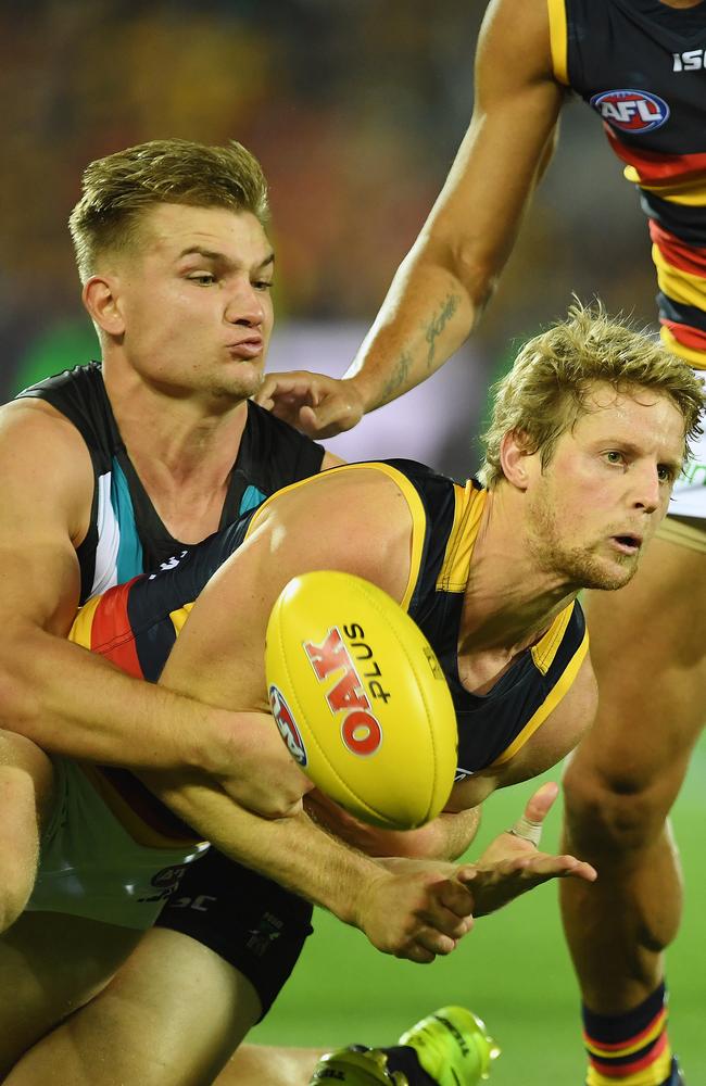 Showdown heroes Ollie Wines and Rory Sloane clash. Picture: Tom Huntley