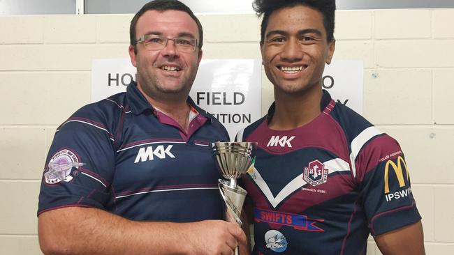 Ipswich State High School’s old coach Lee Addison with his captain Ronaldo Mulitalo.