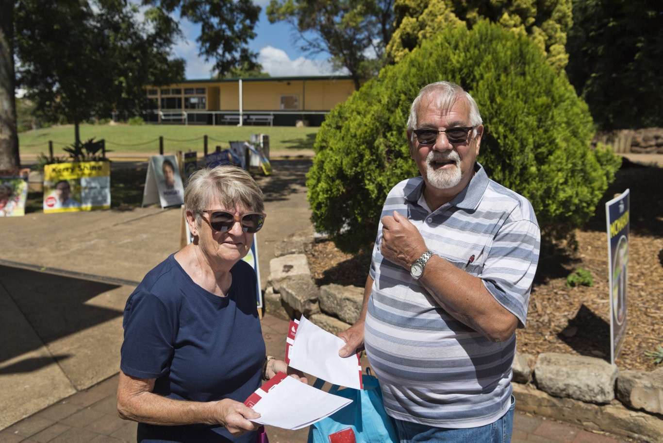 Gordon and Beryl Lawson before voting in the Toowoomba Regional Council local government election at Centenary Heights State High School polling booth, Saturday, March 28, 2020. Picture: Kevin Farmer