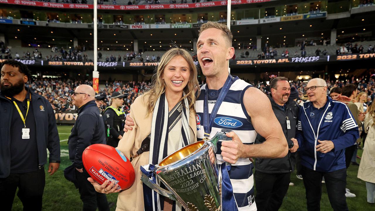 Brit and Joel Selwood celebrate after the grand final. Picture: Mark Stewart