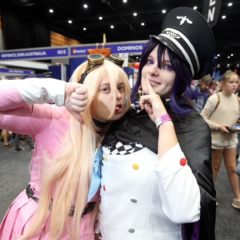 Supanova at Gold Coast Convention Centre. Megan McCarthy, 20, from Caboolture as Miu Iruma and Kayte Rofe, 18, from Currumbin dressed as Kokichi Ouma. Photo by Richard Gosling