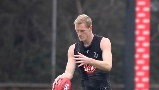 AFL - Port Adelaide training at Alberton Oval. Sam Hayes and Charlie Dixon. Sam Hayes (pictured), may not play on the weekend due to the expected wet conditions and Charlie Dixon is returning after playing in the SANFL the last couple of weeks after recovering from injury. 27 May 2022. Picture Dean Martin