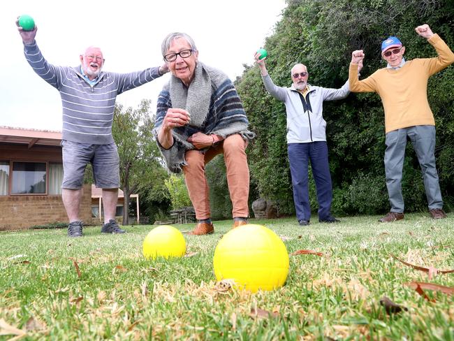 Story on life expectancy resarch (Grovedale, Barwon Heads, OG and Queenscliff are high). Elderly participants of the Bellarine Community Health Social Support Program from left: John Dowling, Cass Perry, Ian Little and Norm Wild playing bocce to stay active.  picture: Glenn Ferguson