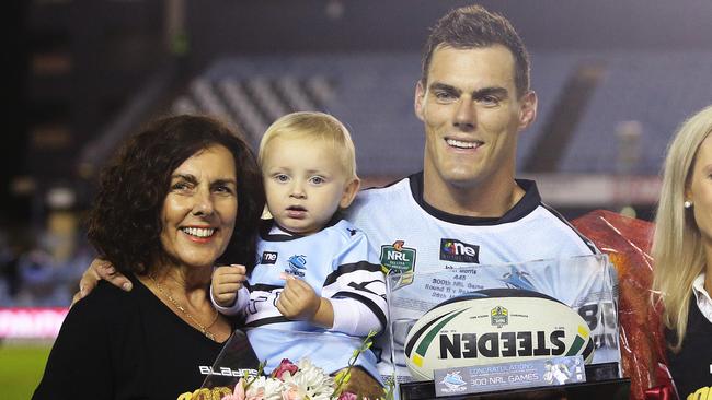 Cronulla's John Morris after his 300th NRL game with mother Sharyn, son Taj, wife Michelle and son Cruz after the Cronulla v South Sydney round 11 rugby league game at Remondis Stadium, Cronulla. Pic Brett Costello