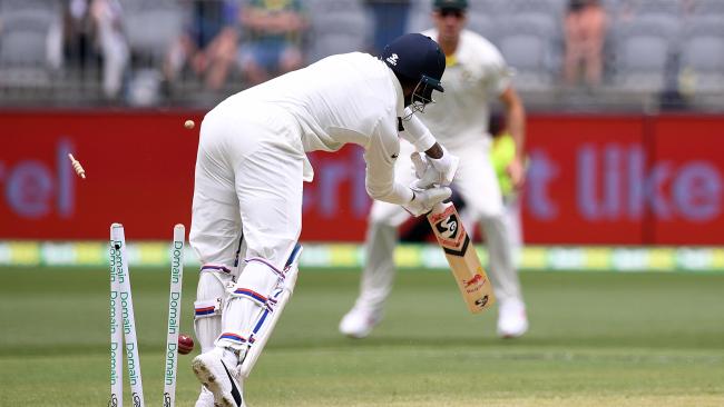 Lokesh Rahul is bowled out by Josh Hazlewood shortly after lunch. (AAP Image/Dave Hunt)