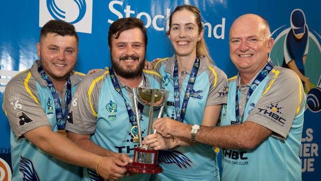 BPL10 Champions Tweed Heads Ospreys: Aaron Teys, Kurt Brown, Chloe Stewart and Wayne Turley (Coach). Picture: BOWLS AUSTRALIA