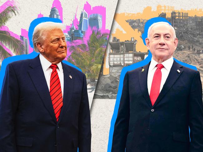 (4x3 For PRINT.) 6 February 2025; Trump and Netanyahu in front of between rebuilded city and war-torn city in Gaza, Donald Trump and Benjamin Netanyahu. Sources: Adobe Stock & AFP. Artwork by Frank Ling.