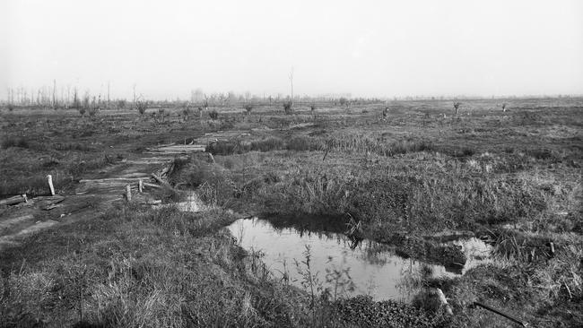 More than two years after the battle, a view over the no-man’s-land of Fromelles shows the deadly flat terrain the inexperienced Australians had to traverse. AWM E04030