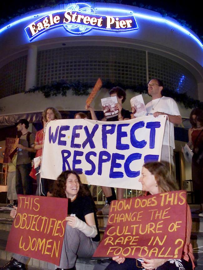 April 2004: Protest at Eagle Street Pier over the Jim Beam Miss Bronco Beauty Contest. Picture: Adam Smith