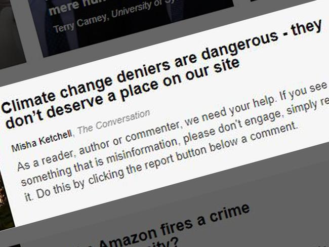 A screengrab of The Conversation's website featuring its new stance on "climate change deniers". Picture: The Conversation