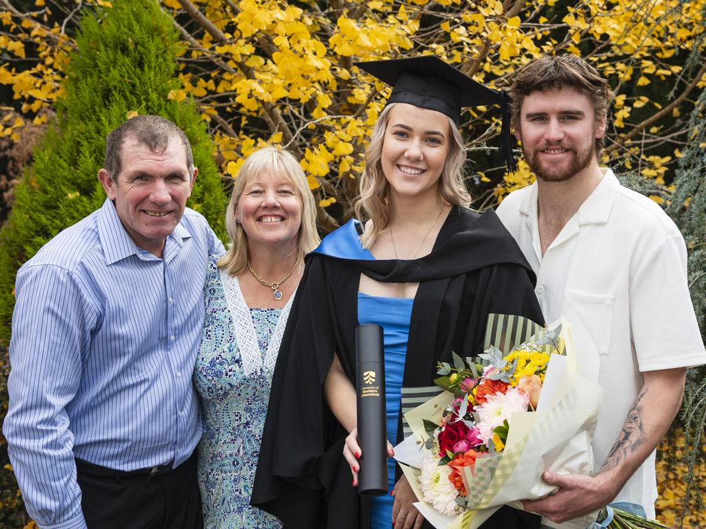 Bachelor of Paramedicine graduate Ainsleigh Rule with (from left) James Davidson, Jodi Rule and Josh Mackay at a UniSQ graduation ceremony at The Empire, Tuesday, June 25, 2024. Picture: Kevin Farmer