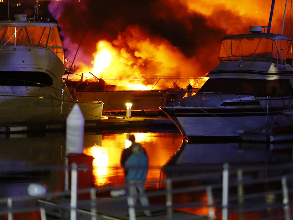 Fire at Lindisfarne marina involving yachts. Tasmania Fire Service in attendance. PICTURE: MATT THOMPSON